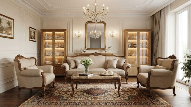 Phòng khách chung cư phong cách cổ điển sang trọng với sofa và tủ tivi gỗ